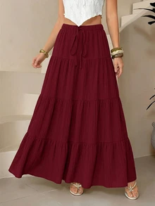 SHEIN Tall Rok Liburan Kasual Warna Polos untuk Wanita - Burgundy - View 3