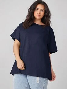 SHEIN BASICS 大尺碼捲袖口純色夏季上衣 - 藏蓝色 - 查看 6
