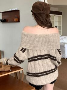 DAZY Women's Square Neck Striped Loose Casual Sweater Fall - Khaki - View 6