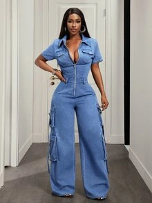SHEIN Tall Overall Denim Washed dengan Resleting dan Kantong Kargo untuk Wanita Tinggi, Modis, dan Bergaya. - Light Wash - View 3