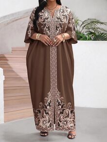 SHEIN Lady 大尺碼優雅佩斯利印花派對洋裝 - 棕色 - 查看 1
