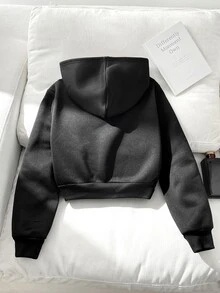 SHEIN 兒童青少年女孩寬鬆極簡風時尚街頭連帽衛衣 秋季外套 開學穿搭 - 黑色 - 查看 2