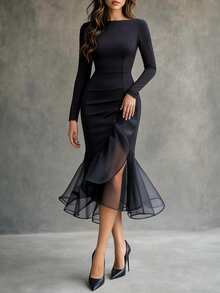 SHEIN Women's Autumn/Winter Ruffle Long Sleeve Fishtail Hem Dress With Mesh Patchwork Design, Elastic Knit Fabric, Elegant Party Dinner Bar Dress - Black - View 5