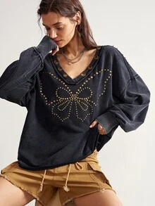 Bohemela Women's Beaded Butterfly Pattern Eyelet Design V-Neck Drop Shoulder Long Sleeve Loose Sweatshirt - Black - View 4