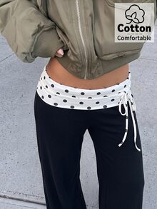 Aloruh 女款夏季新款黑色優雅性感休閒日常通勤約會晚餐簡約可愛時尚現代低腰對比色波點腰綁帶長褲 - 黑與白 - 查看 5