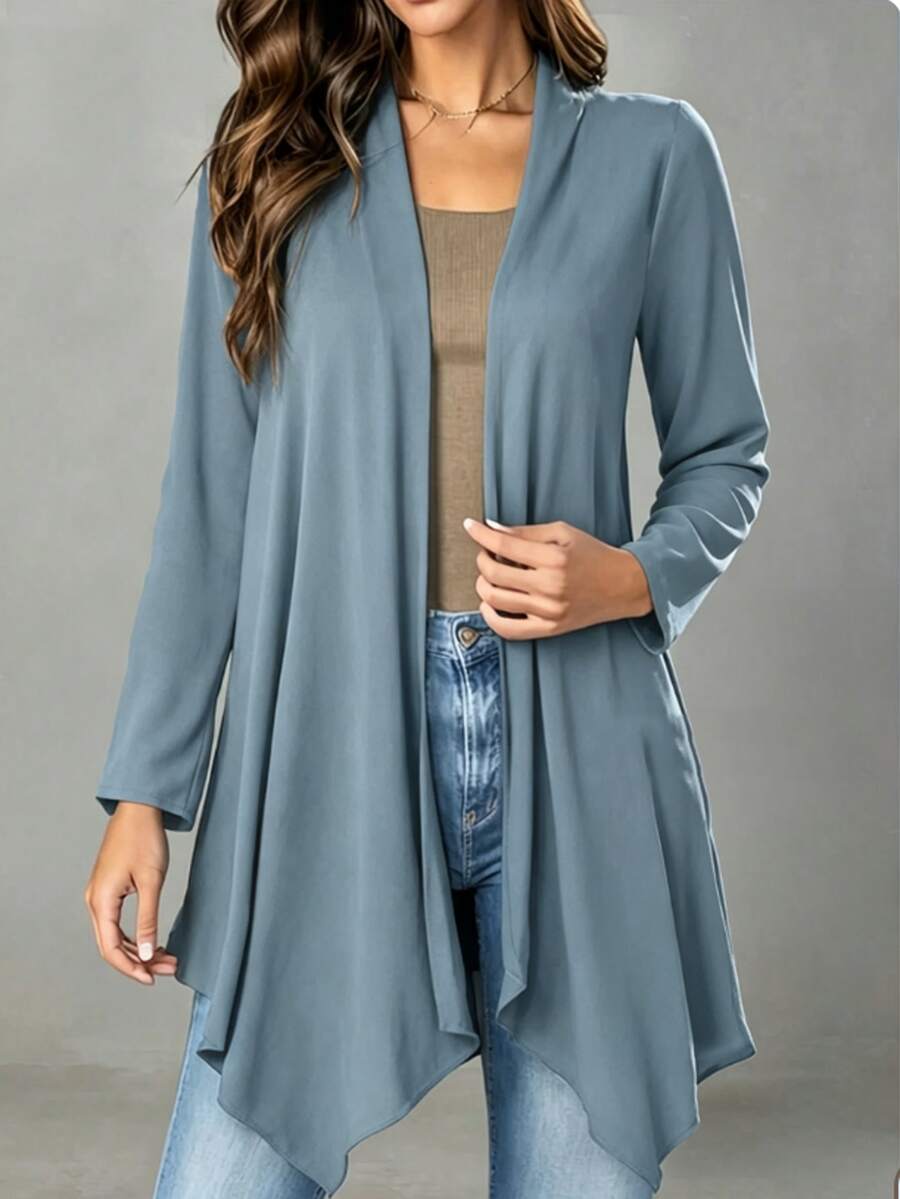 SHEIN LUNE 女款純色長袖不對稱下擺前開襟休閒夾克 - 霧霾藍 - 查看 1