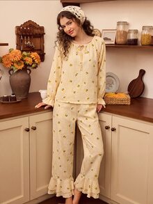Tulorae Romantic Pastoral Floral Long Sleeve Long Pants Women's Pajama Set - Yellow - View 3