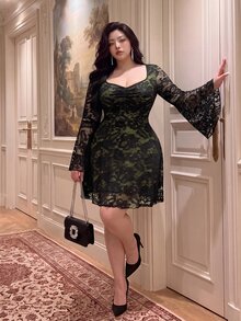 Vibekara Plus Size Sexy Square Neck Cinched Waist A-Line Lace Contrast Color Dress Fall - Black - View 3