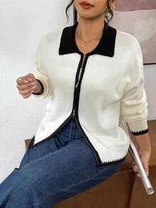 Lounesse Plus Size Women's Colorblock Zipper Casual Versatile Daily Wear Cardigan - White - View 2
