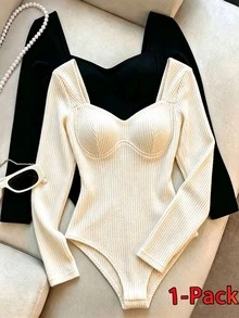 Resyla Women's Solid Color Sweetheart Neck Long Sleeve Casual Bodysuit - White - View 1
