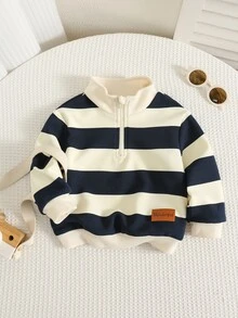 SHEIN Baby Boy Striped Pattern Knitted Soft Round Neck Long Sleeve Half-Zip Pullover Sweatshirt, Versatile And Comfortable - Multicolor - View 1