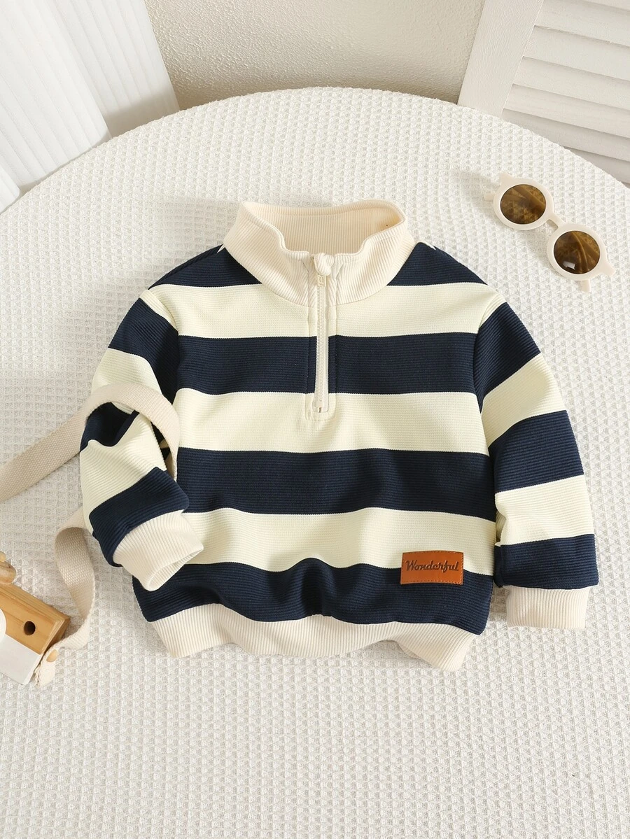 SHEIN Baby Boy Striped Pattern Knitted Soft Round Neck Long Sleeve Half-Zip Pullover Sweatshirt, Versatile And Comfortable - Multicolor - View 1