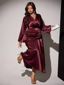 Viva Relle Plus Size Burgundy Satin V-Neck Fitted Ruched Waist Flared Long Sleeve Draped Asymmetrical Hem Evening Dress Fall - Burgundy - View 4