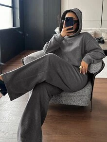 Livesso Plus Size Thermal Lined Thick Sequin Design Autumn Winter Loose Casual Hoodie Sweatshirt And Straight Leg Pants 2pcs Set - Dark Grey - View 4