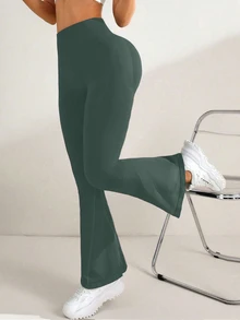 Dewbera Dewbera 女款純色高腰日常健身健身房皮拉提斯喇叭褲 綠色 夏季 低腰 - 綠色 - 查看 6