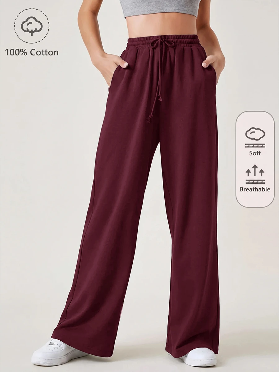 SHEIN BASICS Terry Fleece Wide Leg Drawstring Waist Pants Summer Outfit For Women - Burgundy - View 1