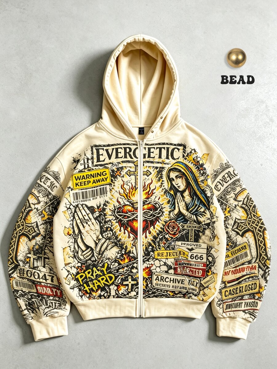ROMWE MEN 2026 New Retro Digital Print Beaded Oversized Sweatshirt Hoodie - Apricot - View 1