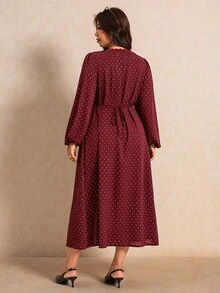 Elaquor Plus Size Women's Burgundy Lantern Sleeve Single-Breasted Elegant 1950s Vintage Romantic 1920 Celestial Dress Fall Brunch Party Date Night Evening - Red - View 2