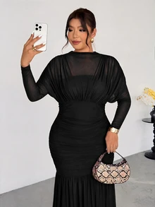Firerie Plus Size Women Solid Color Pleated Casual Party Dress Fall - Black - View 5