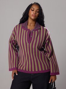 Rustia Sweater Pullover Kasual Longgar Lengan Panjang Bergaris Model Bahu Jatuh untuk Wanita Ukuran Besar Musim Dingin - Krem - View 5