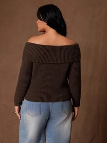 Rustia Plus Size Vintage Streetwear Off-Shoulder Long Sleeve Sweater Fall - Black - View 2