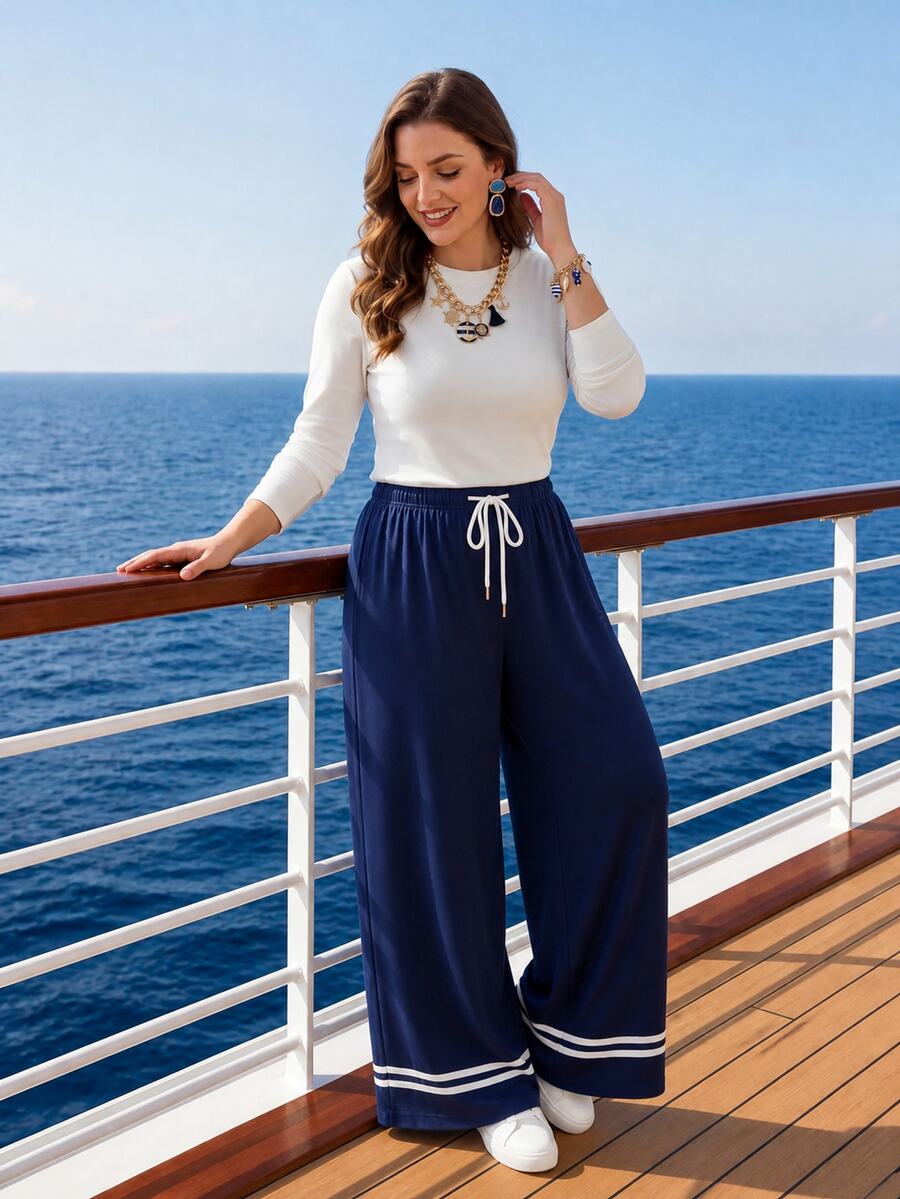 Miaspire Celana Panjang Longgar Bergaris Warna Blok Ukuran Besar untuk Wanita, Cocok untuk Musim Gugur dan Musim Dingin, Sweater untuk Liburan Berlayar, dan Pakaian Musim Dingin Lainnya - Navy Blue - View 1