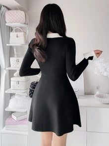 FRIFUL Women's Autumn Contrast Collar Waist-Cinching Ribbed Short Sweater Dress Long Sleeve Tops - Black - View 2
