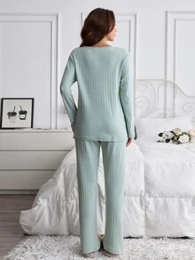 SHEIN Women 2 Pcs Slogan Embroidery Fuzzy Rib Knit Long Sleeve Long Pants Casual Winter Pajama Lounge Set - Multicolor - View 2