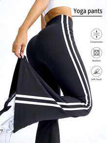 SHEIN EZwear 女款高腰長褲，春夏新款側條紋撞色喇叭褲，舒適，適合騎單車及其他運動。秋季長褲，適合日常通勤、派對、秋冬/春夏、聖誕節、新年、感恩節、派對、婚禮、海灘、畢業典禮、優雅、外出、約會、通勤、情人節、優雅、度假 - 黑色 - 查看 1