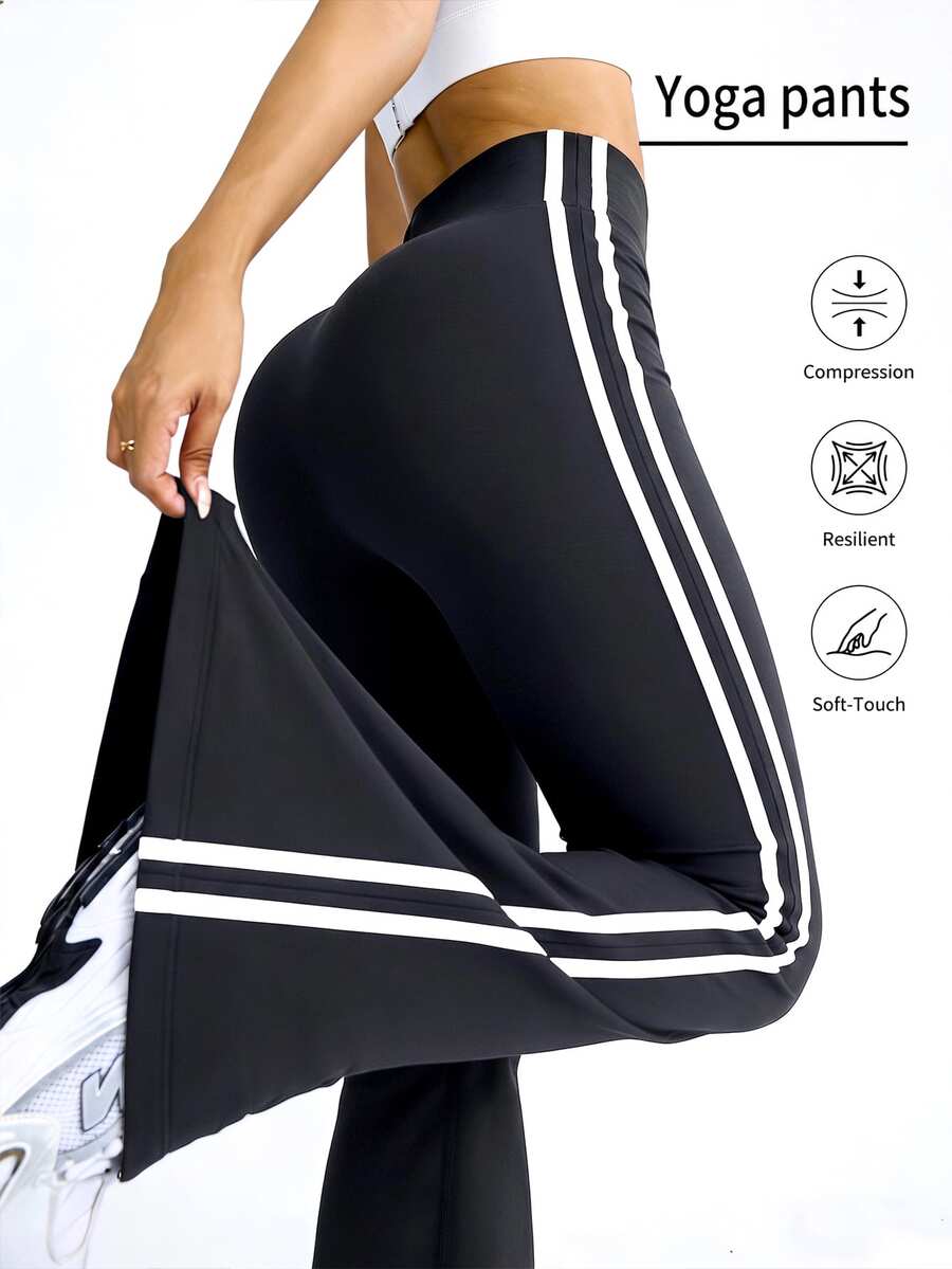 SHEIN EZwear 女款高腰長褲,春夏新款側條紋撞色喇叭褲,舒適,適合騎單車及其他運動。秋季長褲,適合日常通勤、派對、秋冬/春夏、聖誕節、新年、感恩節、派對、婚禮、海灘、畢業典禮、優雅、外出、約會、通勤、情人節、優雅、度假 - 黑色 - 查看 1