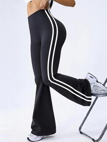 SHEIN EZwear 女款高腰長褲，春夏新款側條紋撞色喇叭褲，舒適，適合騎單車及其他運動。秋季長褲，適合日常通勤、派對、秋冬/春夏、聖誕節、新年、感恩節、派對、婚禮、海灘、畢業典禮、優雅、外出、約會、通勤、情人節、優雅、度假 - 黑色 - 查看 3