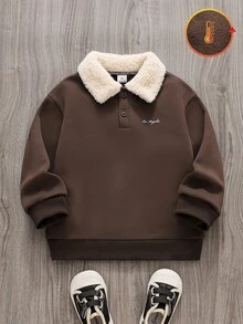 Boys' Fur Collar Polo Long Sleeve Sweatshirt, Front Slogan Print Casual College Style, Half-Button Front, Soft And Comfortable Fabric, Suitable For Autumn/Winter, Perfect For Boys' Daily Wear - Brown - View 1