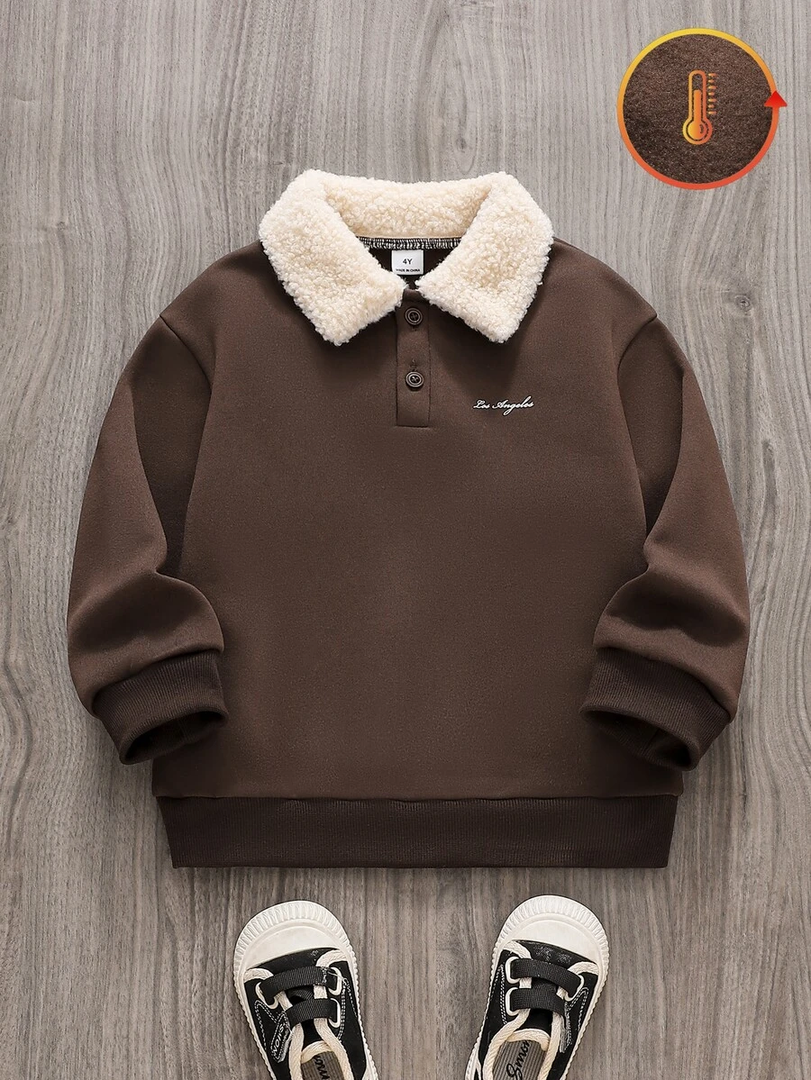 Boys' Fur Collar Polo Long Sleeve Sweatshirt, Front Slogan Print Casual College Style, Half-Button Front, Soft And Comfortable Fabric, Suitable For Autumn/Winter, Perfect For Boys' Daily Wear - Brown - View 1