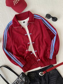 Comfortcana 女款休閒拼色條紋輕便外套，秋季女裝，冬季女裝，女款運動上衣，新年 Y2K 風格，聖誕節 - 酒紅色 - 查看 4