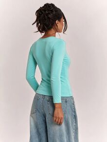 SHEIN BAE Women's Solid Color Button Half-Placket 3/4 Sleeve Casual Top Fall Clothes For Women ,Summer, Winter Clothes - Mint Blue - View 2