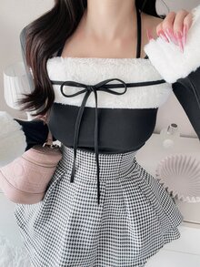 FRIFUL Women's Bowknot Decor Contrast Color Long Sleeve Fashion T-Shirt - Black - View 2