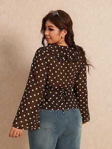 Elaquor Plus Size Women's Polka Dot Pattern Ruffle Collar Long Sleeve Fashion Blouse - Coffee Brown - View 2