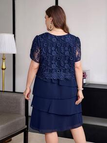 Reflora Plus Size Summer Elegant Solid Color Lace Patchwork Dress - Navy Blue - View 8