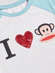 Paul Frank X ROMWE 亞文化女孩休閒聯名「I Love」印花落肩袖修身女款T恤 - 薄荷綠 - 查看 4