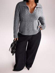 Rustia Plus Size Women Ribbed Texture Polo Collar Long Sleeve Pullover Sweater, Autumn/Winter Back To School Season - Grey - View 7