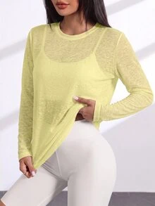 SHEIN Sovereign Charm تي شيرت رياضي كاجوال متعدد الاستخدامات بلون موحد وأكمام طويلة - أصفر فاتح - مشاهدة 4
