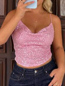 GalTyme Plus Size Sexy Cowl Neck Sequin Camisole Tank Top For Bar & Music Festival - Pink - View 3