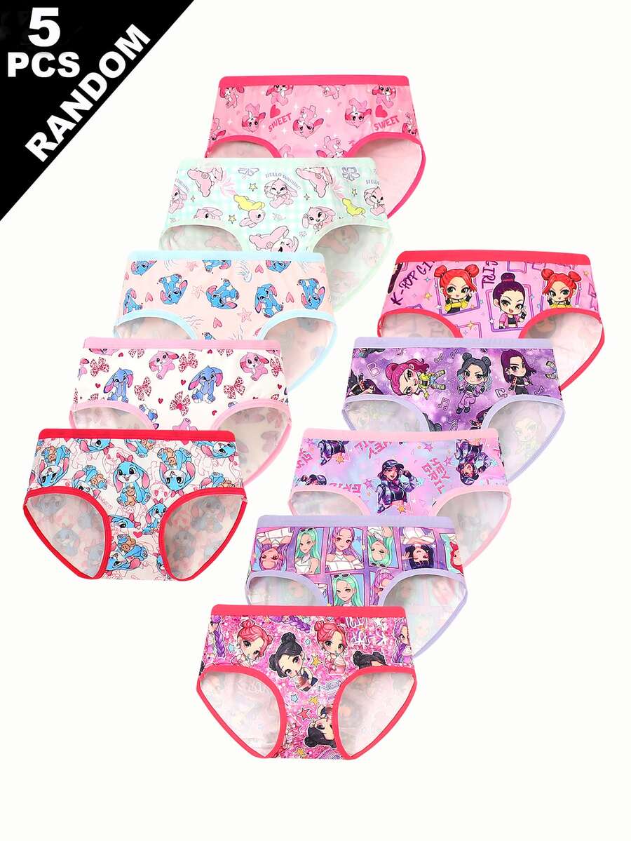 SHEIN (Random 5pcs) Girls' Simple Fashion All-Over Print Cartoon Heart Rabbit Pattern Triangle Panties, Girls' Underwear - Multicolor - View 1