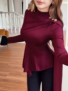 Feyla New Design Asymmetrical High Neck Slim Fit Fashion Ribbon Versatile Long Sleeve Top - Burgundy - View 8