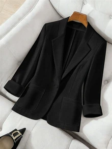 GlowEve CURVE Plus Size Women's Summer Smart Casual Long Sleeve Blazer, Lapel Design, Black Button Style, Office Formal, Business Meetings, Solid Color - Black - View 6