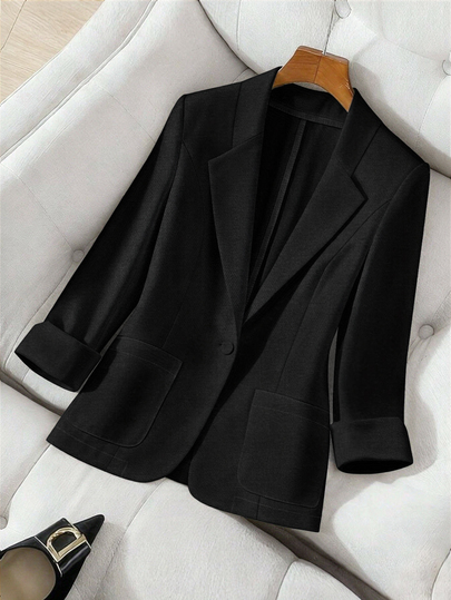 GlowEve CURVE Plus Size Women's Spring Elegant Casual Long Sleeve Blazer, Lapel Design, Apricot Button Style, Suitable For Daily Commute, Outings, Business Meetings, Gatherings And Travel, Solid Color