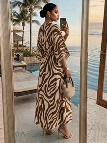 SHEIN Lady CURVE Plus Size Women's Vacation Zebra Print Ruffle Cold Shoulder Fashion Dress Ruffled Full-Skirt Tropical Vacation Outfit, Outdoor Wear Elegant Summer Fall - Green - View 2