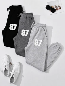 SHEIN 女款休閒抓絨運動衫與抽繩慢跑褲對比色套裝 - 彩色 - 查看 1