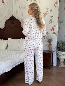 CottageSlumber Super Soft Ribbed Plus Size Women's Pajama Set Casual Ditsy Floral Loungewear - White - View 2