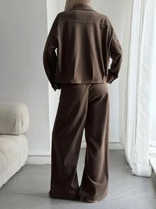 DAZY Women's Solid Color Zipper Front Jacket And Pants Casual 2 Pieces Set Fall - Chocolate Brown - View 4